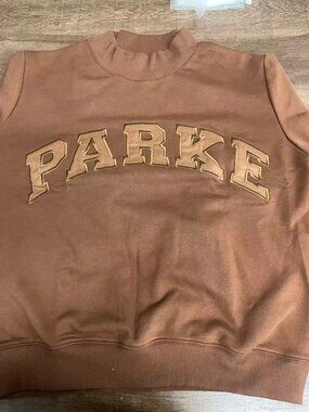 PARKE Brown Mockneck Cropped Sweatshirt Varsity Embroidered Letter